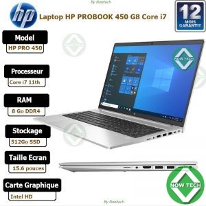 Laptop hp PROBOOK 450 G8 Core i7 11ieme generation, 8Go de Ram DDR4 -512G0 de Disque Dur écran 15.6 pouces gris