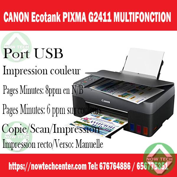 Imprimante Multifonction Ecotank Canon PIXMA G2411 Jet d'encre 8,8 ppm 4800  x 1200 DPI A4 en vente au Cameroun bon prix