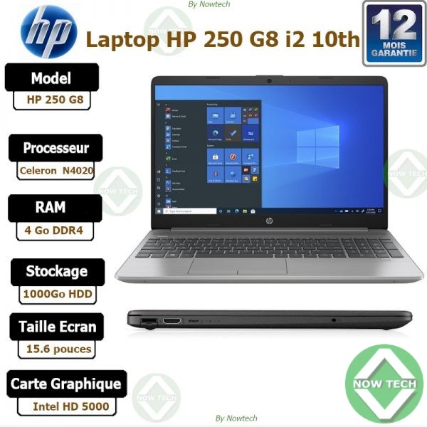 Nom: laptop HP Model: 250 G8 Type de processeur : Intel Celeron N4020 Vitesse du processeur: 1.10 GHz de frequence de base , jusqu'à 2.8GHz de frequence de rafale RAM : 4 G0 Disque Dur: 1 To HDD Carte Graphique:  intel UHD 600 Taille de l'écran : 15.6 pouces Système d'exploitation: windows 10 Clavier:AZERTY(QWERTY optional)