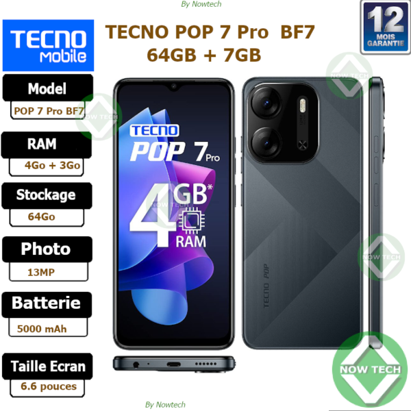 TECNO POP 7 – Mémoire 64GB – RAM 3Gb – Photo 13Mpx