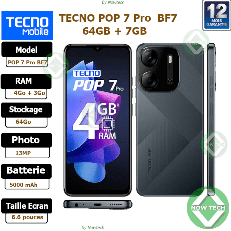 Téléphone Tecno POP 7 PRO BF7 64Go/ 4Go+3Go Ram 13MP