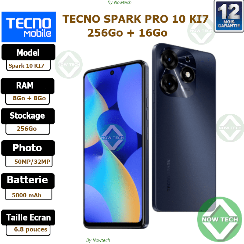 Téléphone Tecno SPARK 10 Pro KI7 256Go/8Go+8Go Ram 50MP