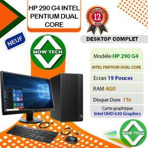 Marque: HP Modèle : 290 G4 Processeur : Dual Core 4.3GHz (4.3GHz, 4MB cache, 2 cores) Mémoire (RAM) : 4GO Disque dur : 1TO HDD Carte graphique : Intel UHD 630 Graphics Ecran : 19" Clavier : Azerty(Qwerty en option) Système d'exploitation: WIN 10 Couleur: NOIR