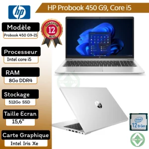 LAPTOP HP Probook 450 G9, Core i5, 8Go RAM, 512Go SSD, IRIS XE
