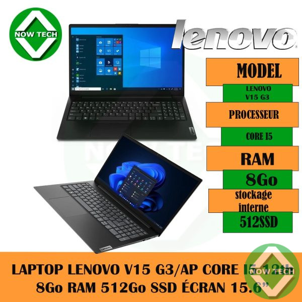 LAPTOP LENOVO V15 G3/AP CORE I5 12th 8Go RAM 512Go SSD ÉCRAN 15.6” Noire bon prix en vente au Cameroun