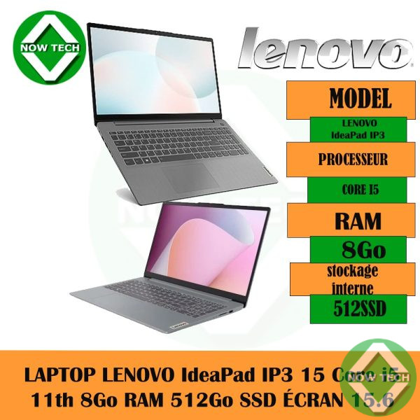 LAPTOP LENOVO IdeaPad IP3 15 Core i5 11th 8Go RAM 512Go SSD ÉCRAN 14" grise bon prix en vente au Cameroun