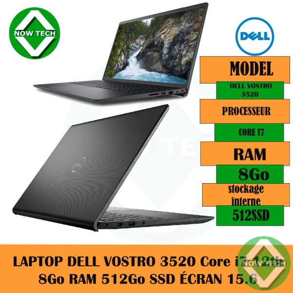 LAPTOP DELL VOSTRO 3520 Core i7 12th 8Go RAM 512Go SSD ÉCRAN 15.6" Noir  bon prix en vente au Cameroun